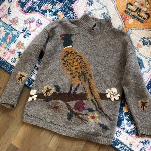 BOGO 100% wool vintage sweater with bird print, vintage peasant sweater